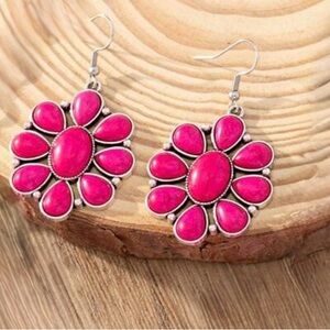 Western Earrings Hot Pink Turquoise Floral Drop Earrings Cowgirl Southwestern